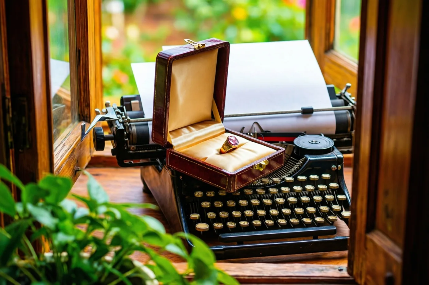 Een open donkerbruin ringdoosje met een gouden ring staat op een zwarte vintage typemachine op een houten vensterbank, met groen op de voorgrond en een onscherpe tuin achter het raam.