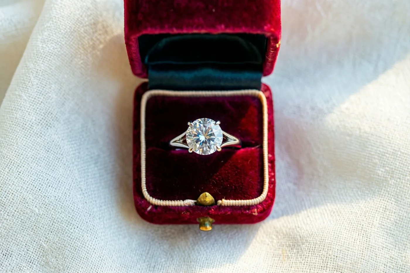 Een diamanten verlovingsring rust in een open dieprood fluwelen doosje op een witte linnen doek in zacht licht.