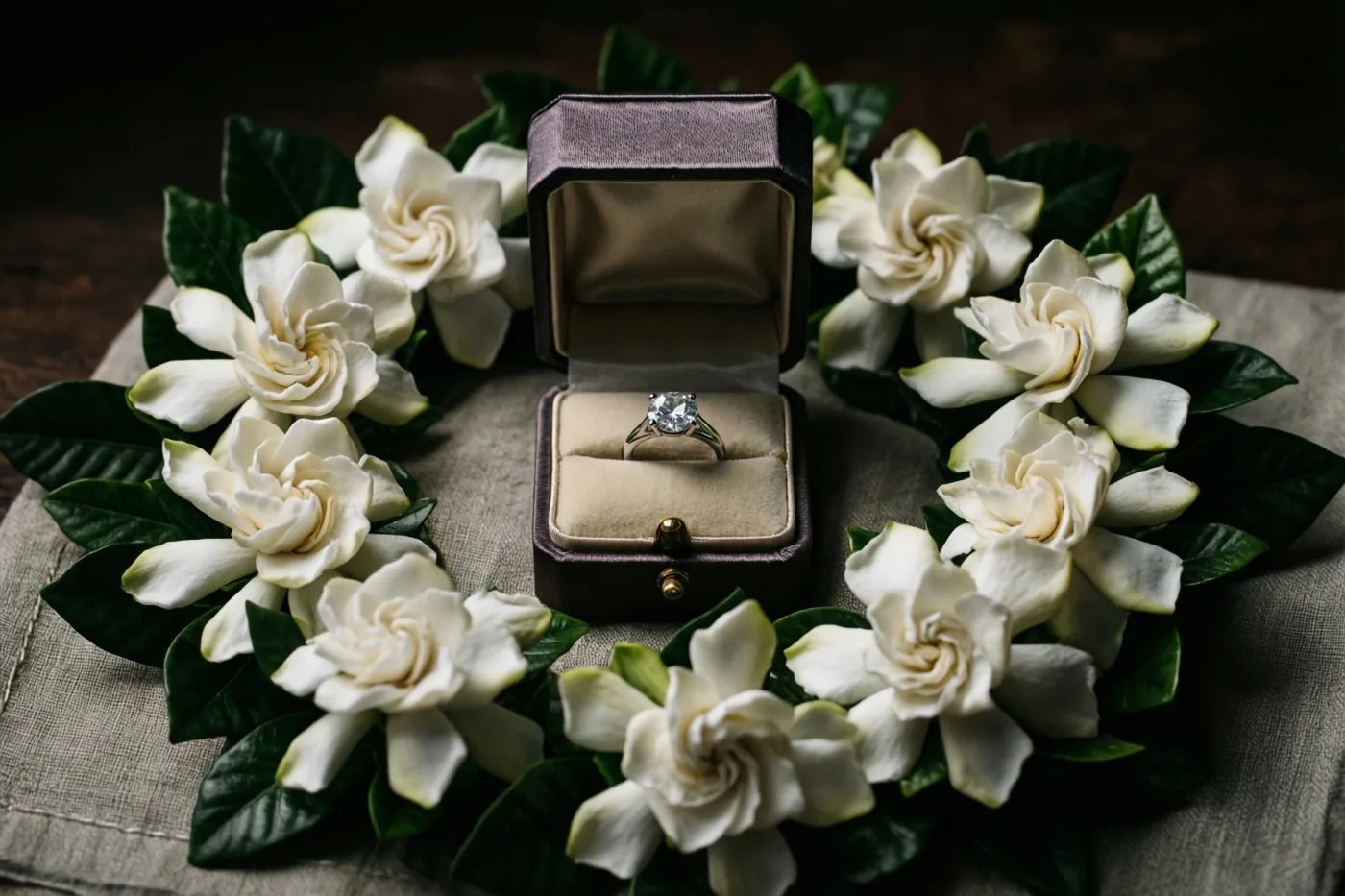 Een open doosje met een ring met één diamant staat in het midden van een krans witte gardenia’s op een linnen doek met zichtbare structuur, tegen een donkere achtergrond.