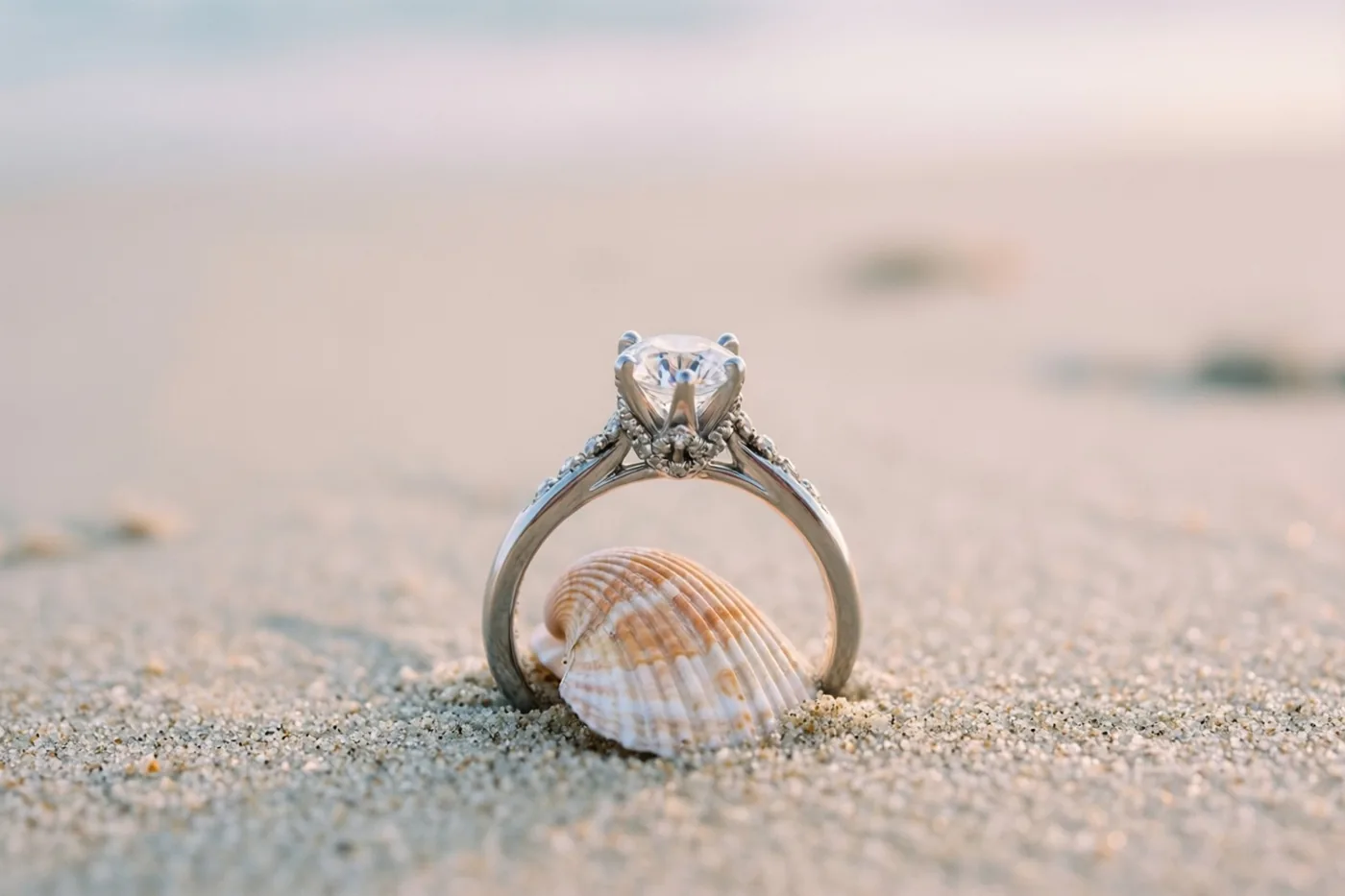 Een verlovingsring met een grote centrale diamant en kleinere diamanten op de band staat in het zand en rust gedeeltelijk op een schelp tegen een onscherpe strandachtergrond.