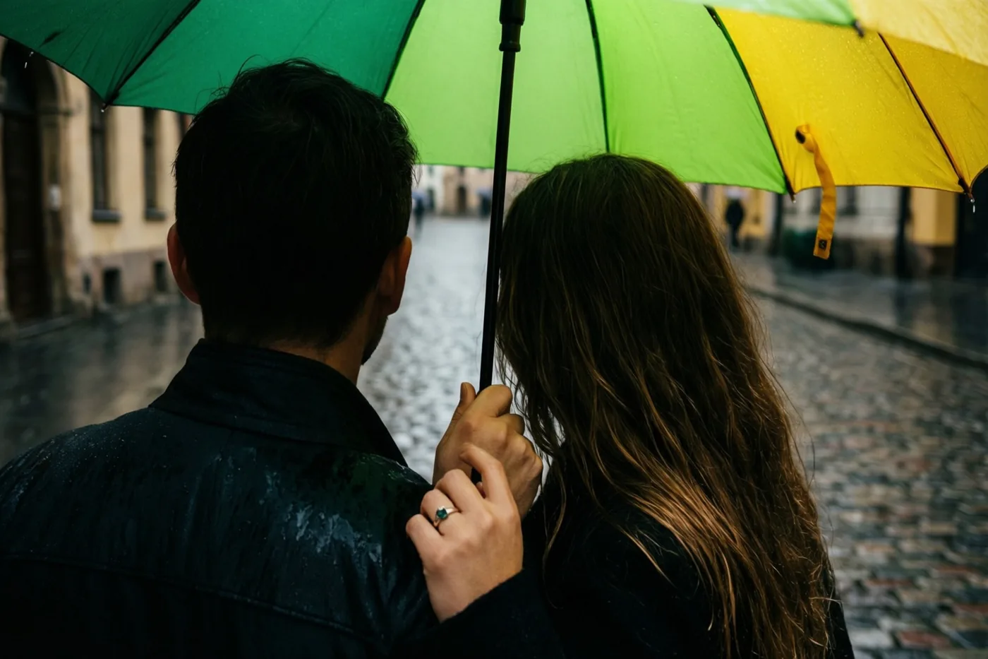 Een koppel staat met de rug naar de camera onder een groen-gele paraplu op een natte kasseistraat, waarbij de vrouw met een ring aan haar hand het handvat vasthoudt.