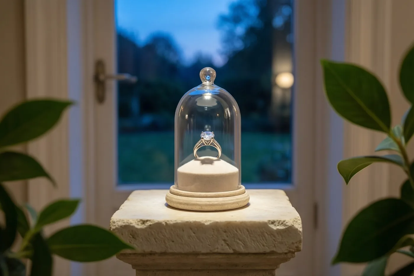 Een ring met één diamant ligt onder een glazen stolp op een lichte stenen sokkel, met groene bladeren en een onscherp raamzicht in de schemering op de achtergrond.