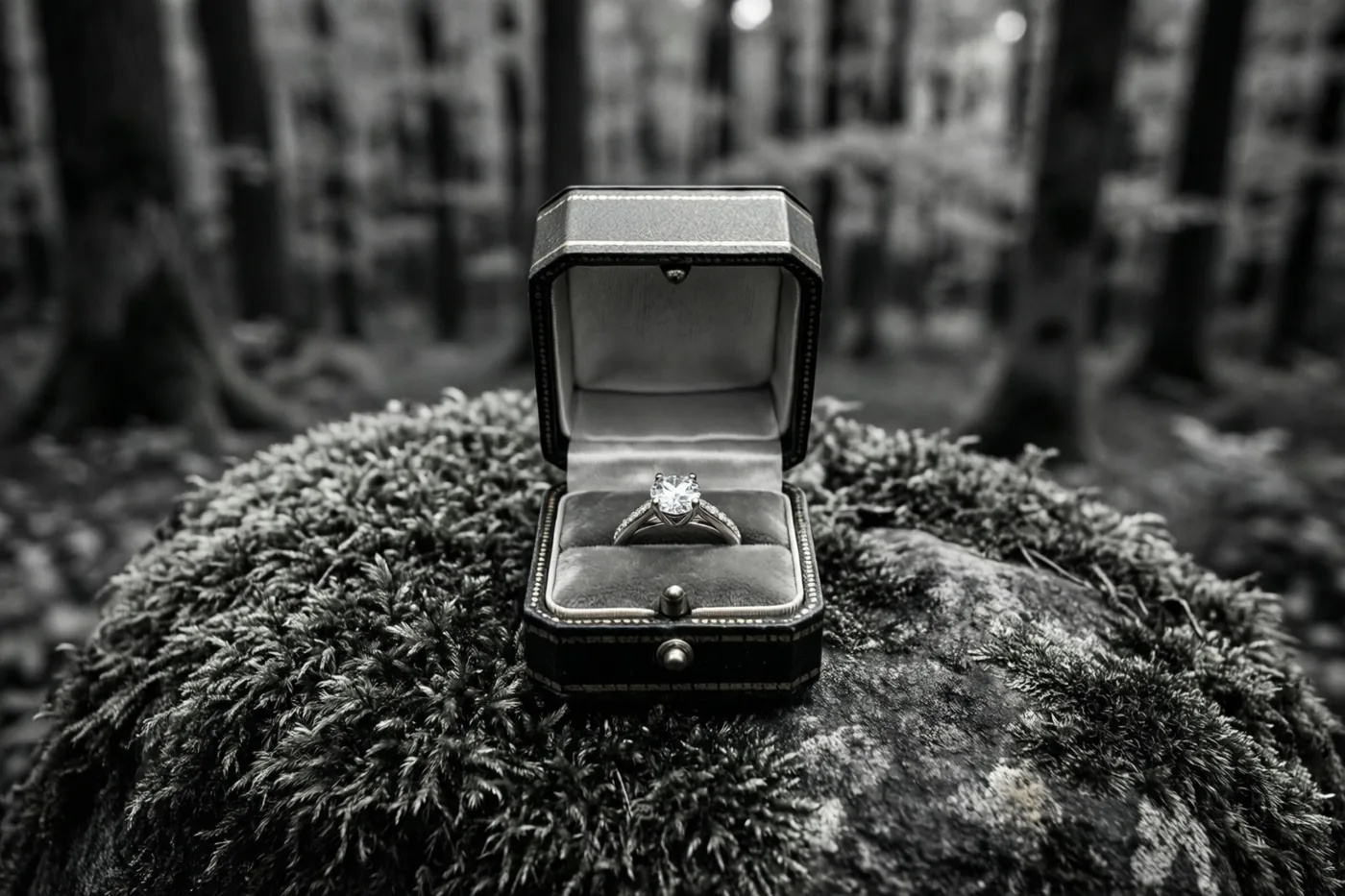 Een open ringdoosje met een diamanten solitairring ligt op een met mos bedekte rots in een beukenbos, weergegeven in zwart-wit.