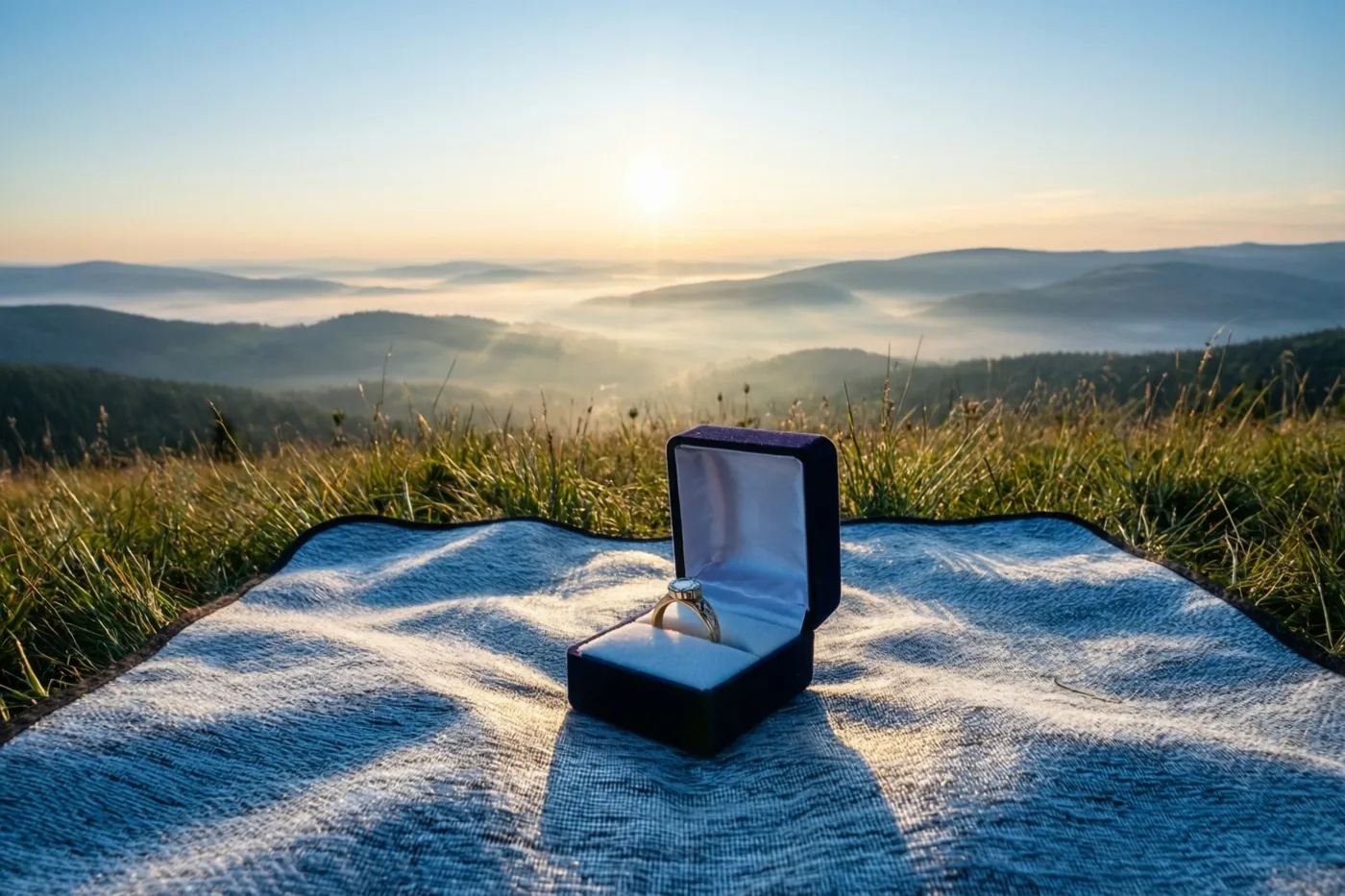 Een open doosje met een ring ligt op een blauwe picknickdeken op een grasheuvel, met mistige valleien en glooiende heuvels bij zonsopgang op de achtergrond.