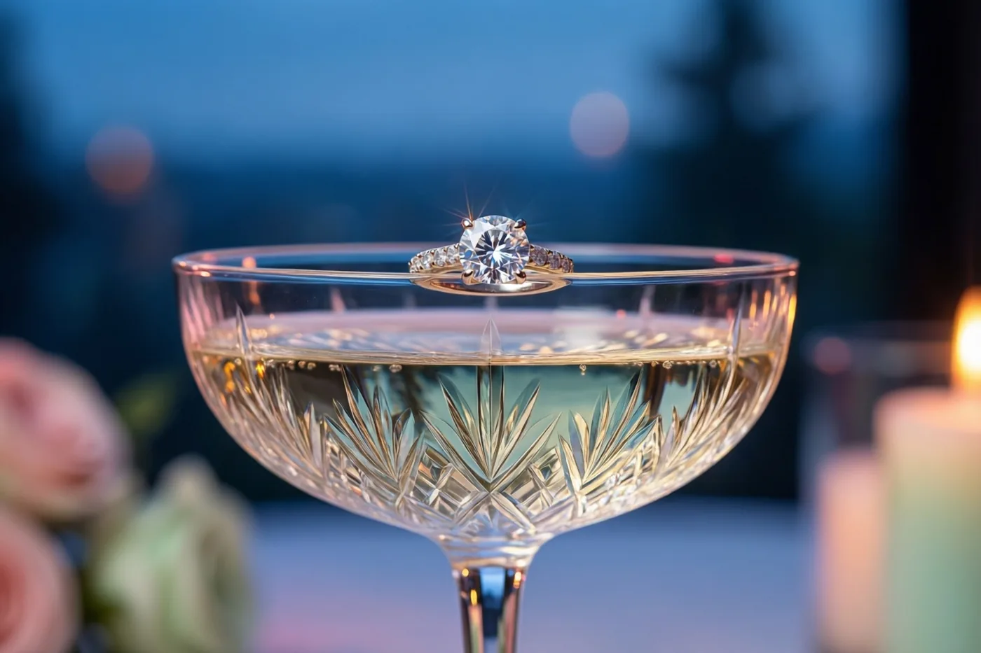 Een ring met één diamant schittert op de rand van een kristallen champagnefluit met bubbels, met een onscherpe blauwe avondachtergrond, warm kaarslicht en rozen.