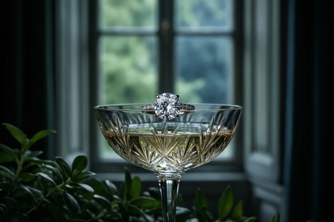 Een ring met één diamant ligt op de rand van een kristallen champagnefluit gevuld met champagne, voor een onscherp raamzicht met groene bladeren en zilveren en gouden lichtaccenten.