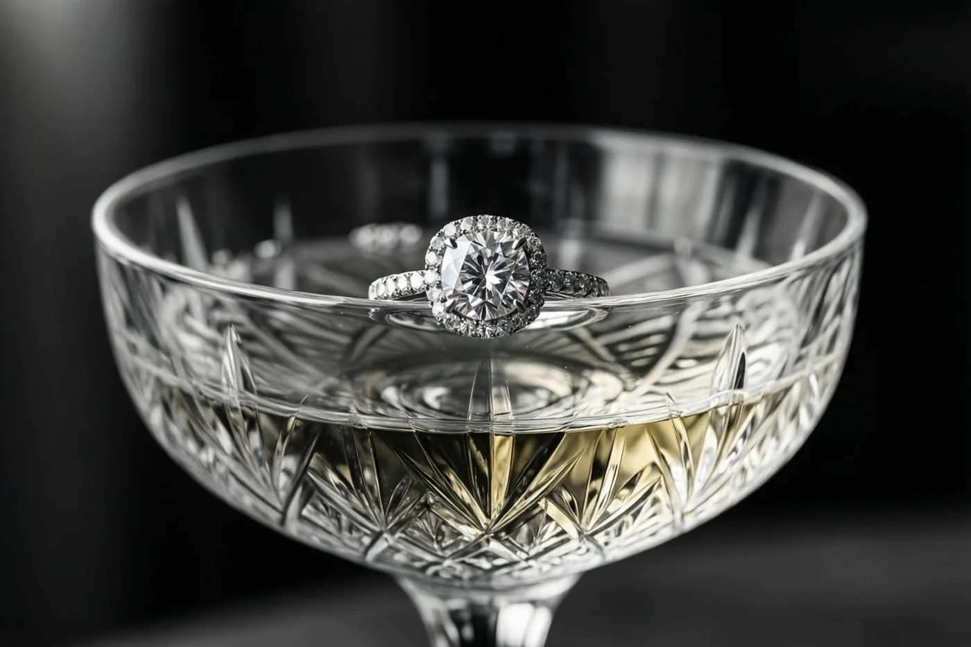Een ring met één diamant ligt op de rand van een geslepen kristallen champagnefluit tegen een zwarte achtergrond, met zilveren en gouden weerspiegelingen.