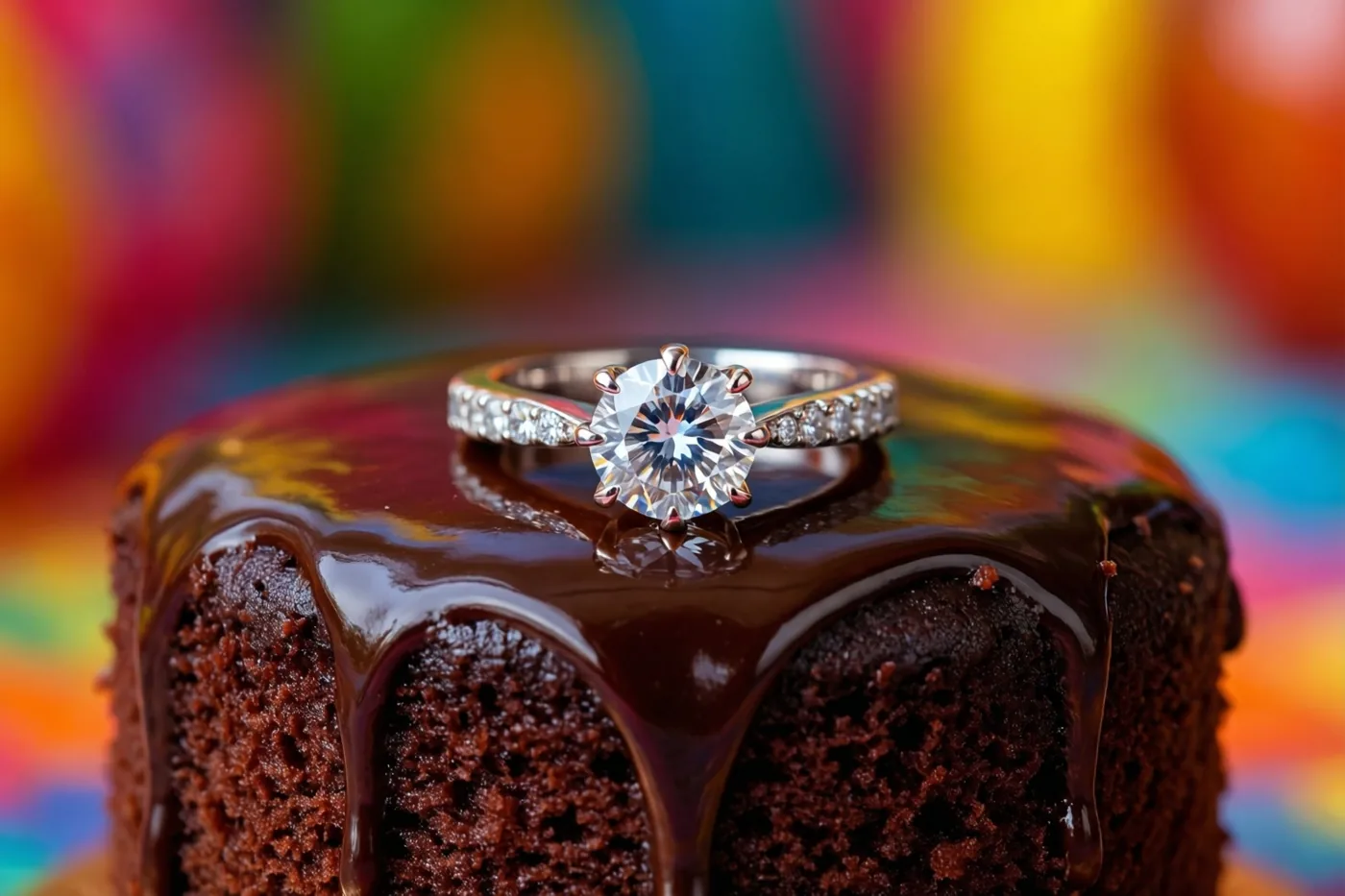 Een diamanten ring ligt op een chocoladetaart met glanzende ganache, tegen een wazige achtergrond in levendige kleuren.