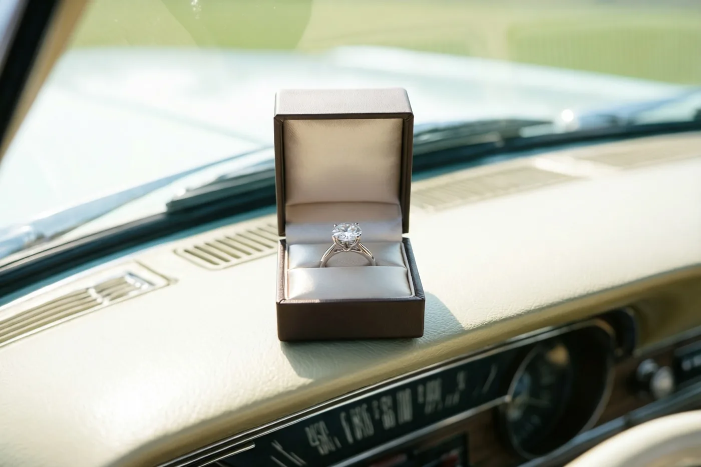 Een open ringdoosje met een ring met één diamant staat op het dashboard van een oldtimer in warm zonlicht.