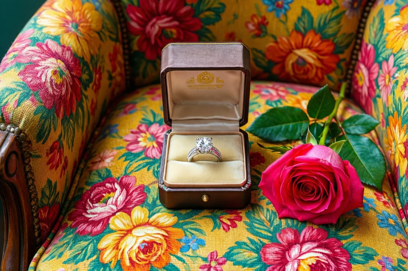 Een open ringdoosje met een ring met één diamant staat naast één roze roos op een kleurrijke fauteuil uit de jaren zestig met een bloemenmotief in geel, rood en groen.
