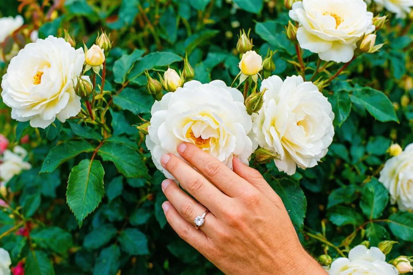 Een hand met een diamanten verlovingsring raakt een witte tuinroos aan in een groene rozentuin met witte rozen en knoppen op de achtergrond.