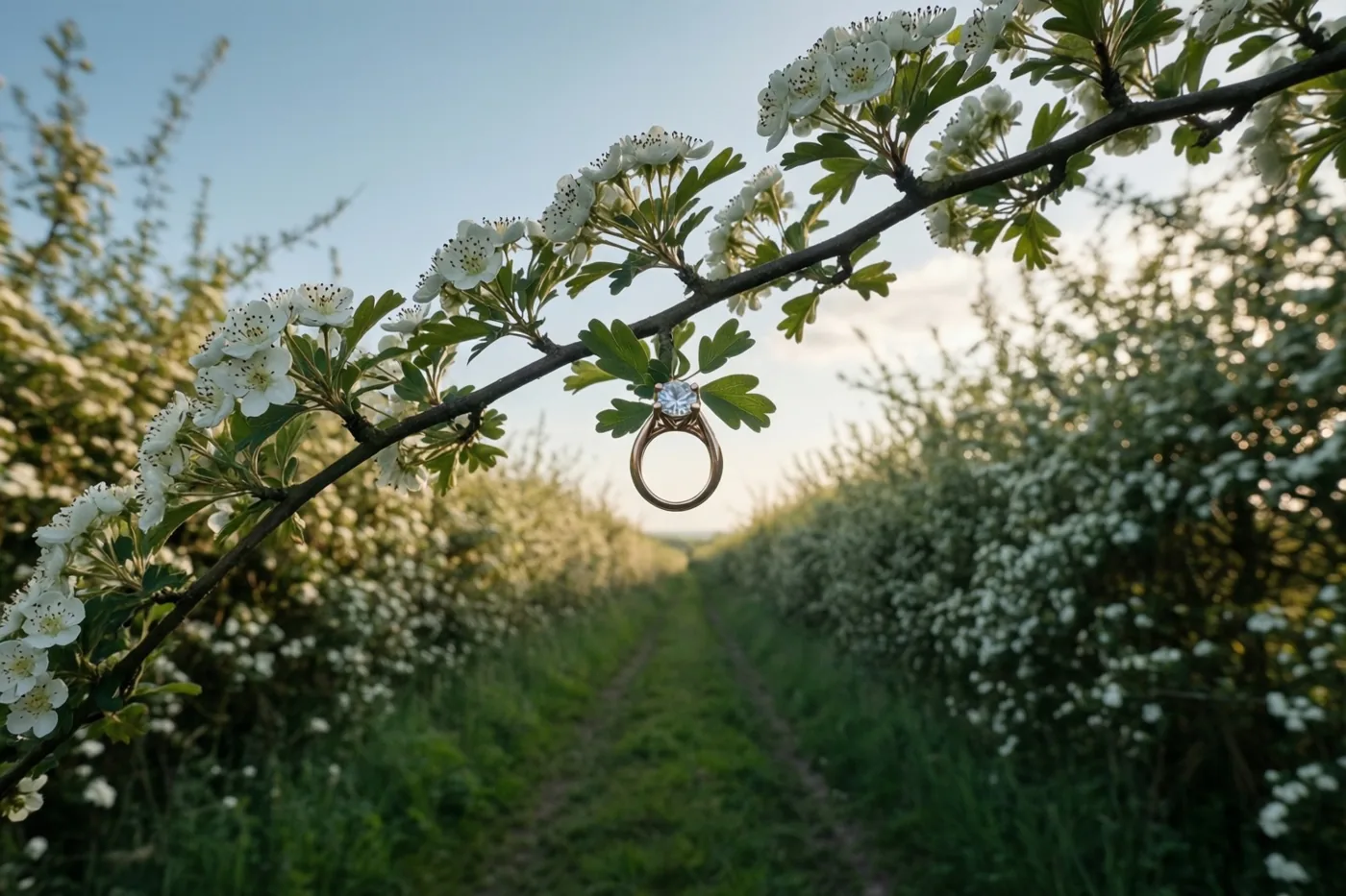 Een diamanten solitairring hangt aan een tak van een bloeiende meidoorn in een zonnige haag, tussen witte bloemen en groen blad in zacht goudkleurig licht.