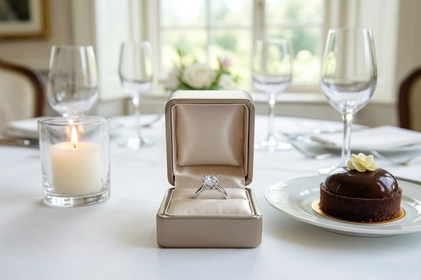 Een open beige ringdoosje met een diamanten ring staat op een wit tafellaken naast een chocoladedessert met een bloem van room, verlicht door een kaars en daglicht uit een raam.