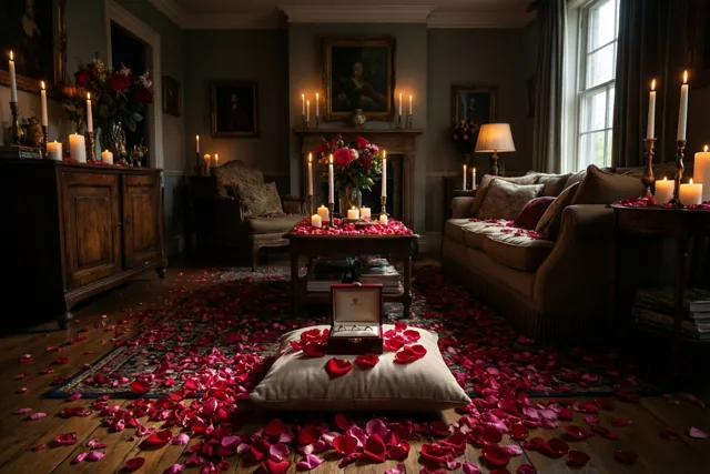 Een open ringdoosje ligt op een kussen in een schemerige woonkamer met brandende kaarsen, rode rozenblaadjes, klassieke meubels, portretten en een haard.
