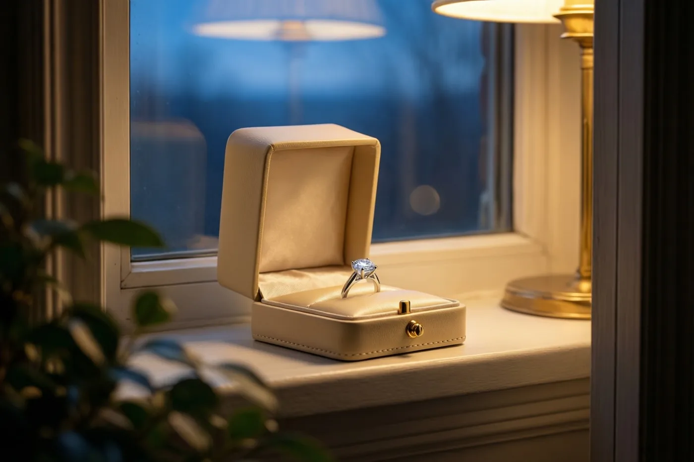 Een open crèmekleurig leren ringdoosje met een ring met één diamant staat op een vensterbank in ochtendlicht, met een onscherpe groene plant op de voorgrond en rechts een brandende lamp.