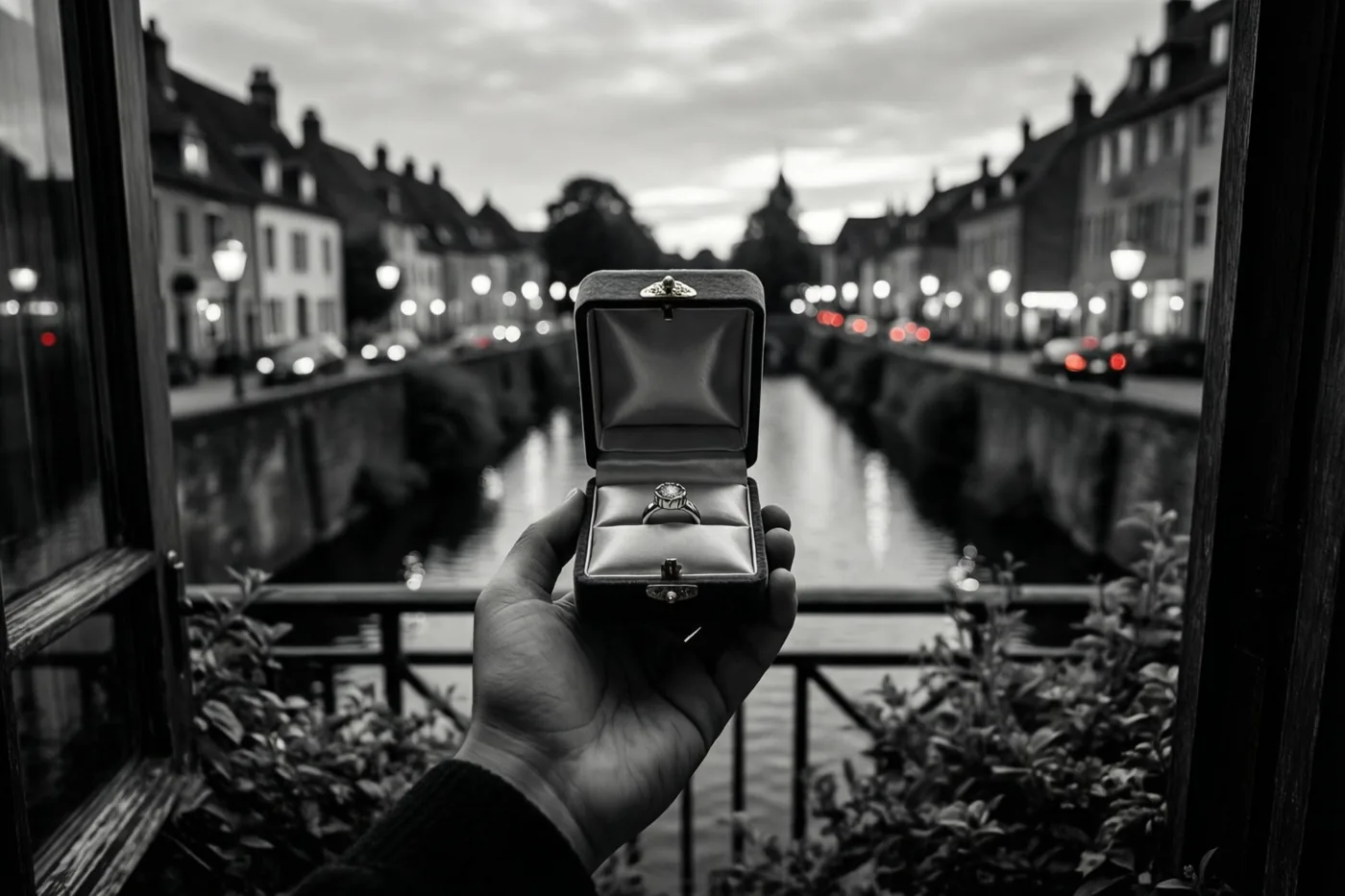 Een hand houdt een open ringdoosje boven een brugleuning aan een kanaal in de schemering, in een zwart-witbeeld met rode autoachterlichten op de onscherpe achtergrond.