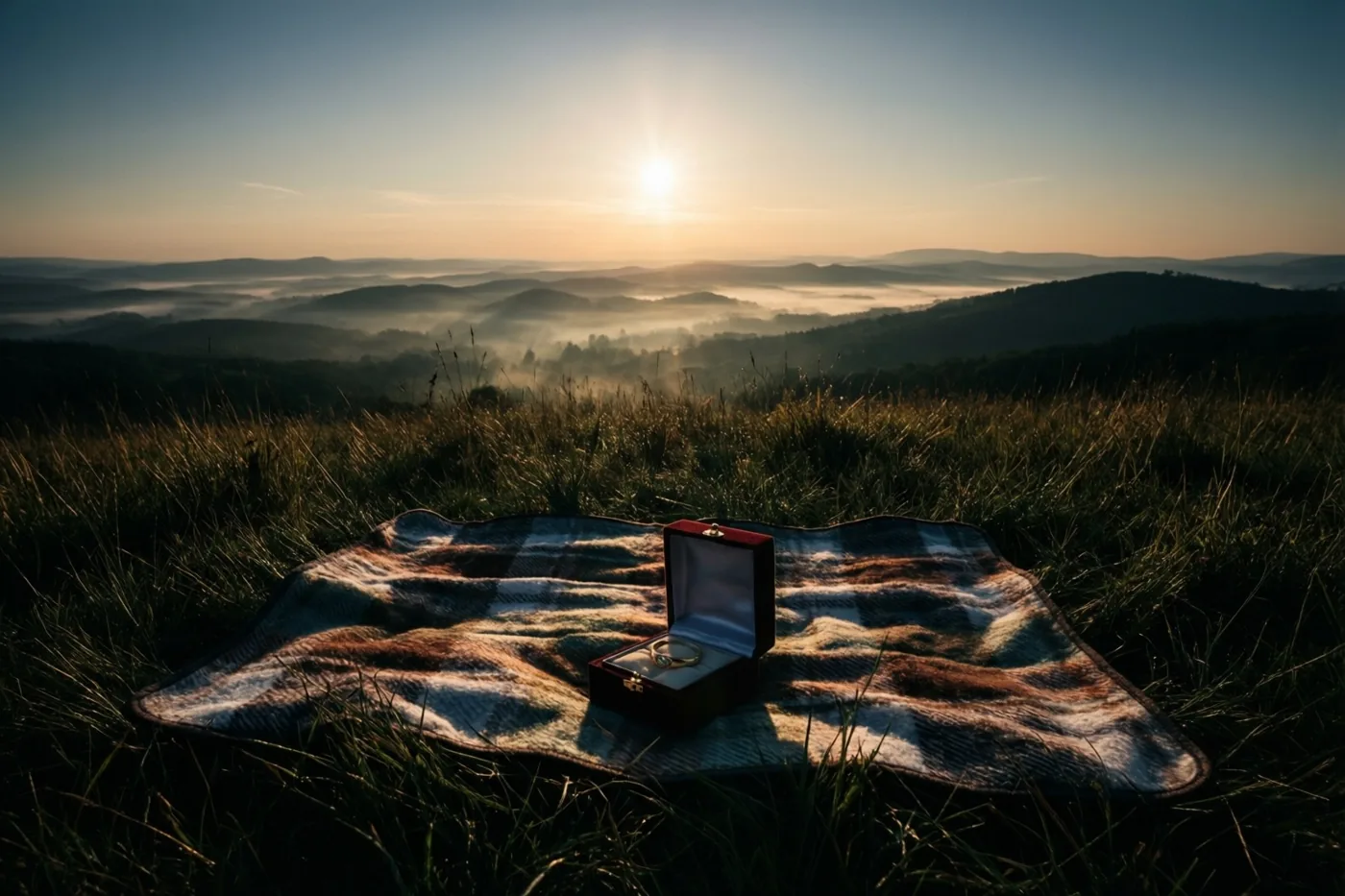 Een open ringdoosje ligt op een deken met een patroon op een grasheuvel, met uitzicht over mistige valleien bij zonsopgang onder een heldere blauwe lucht.