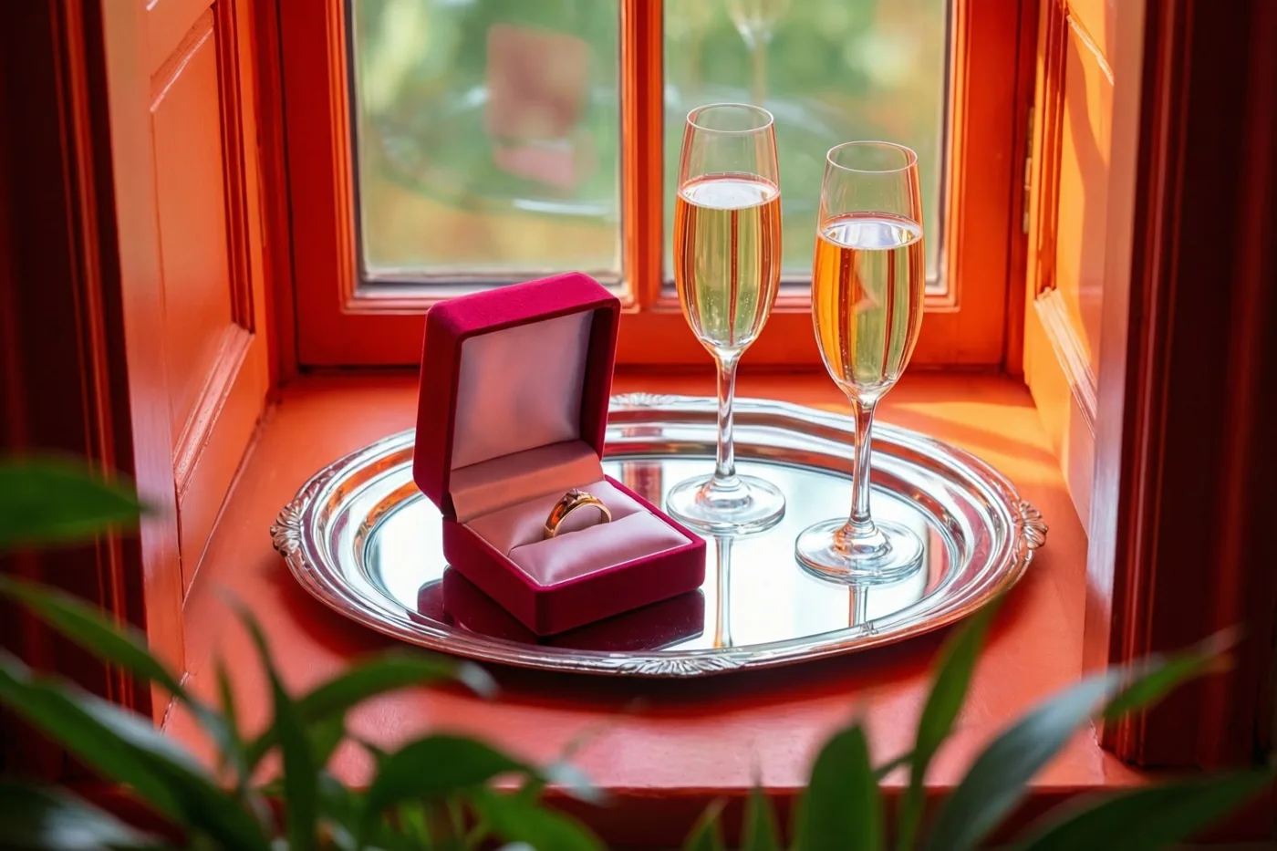 Een open rood fluwelen ringdoosje met een gouden ring staat naast twee champagnefluiten op een zilveren dienblad op een rode houten vensterbank, met warm zonlicht en groen op de voorgrond.