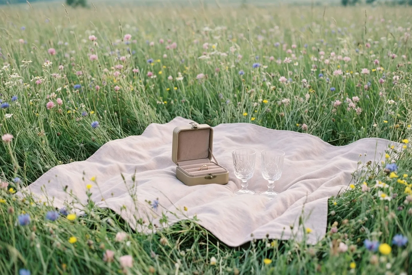 Een open ringdoosje met één ring en twee kristallen glazen staan op een lichtroze picknickdeken in een veld met wilde bloemen, in zacht daglicht.