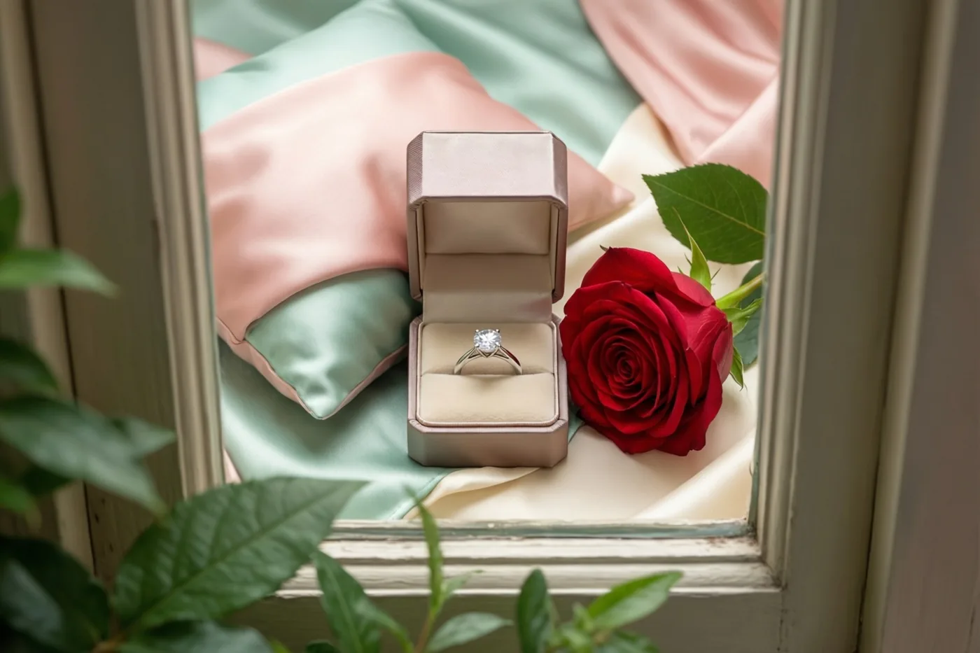 Door een raamkozijn is een open ringdoosje met een ring met één diamant te zien op een zijden kussen naast een rode roos, in zachtroze, mintgroene en crèmekleurige tinten.