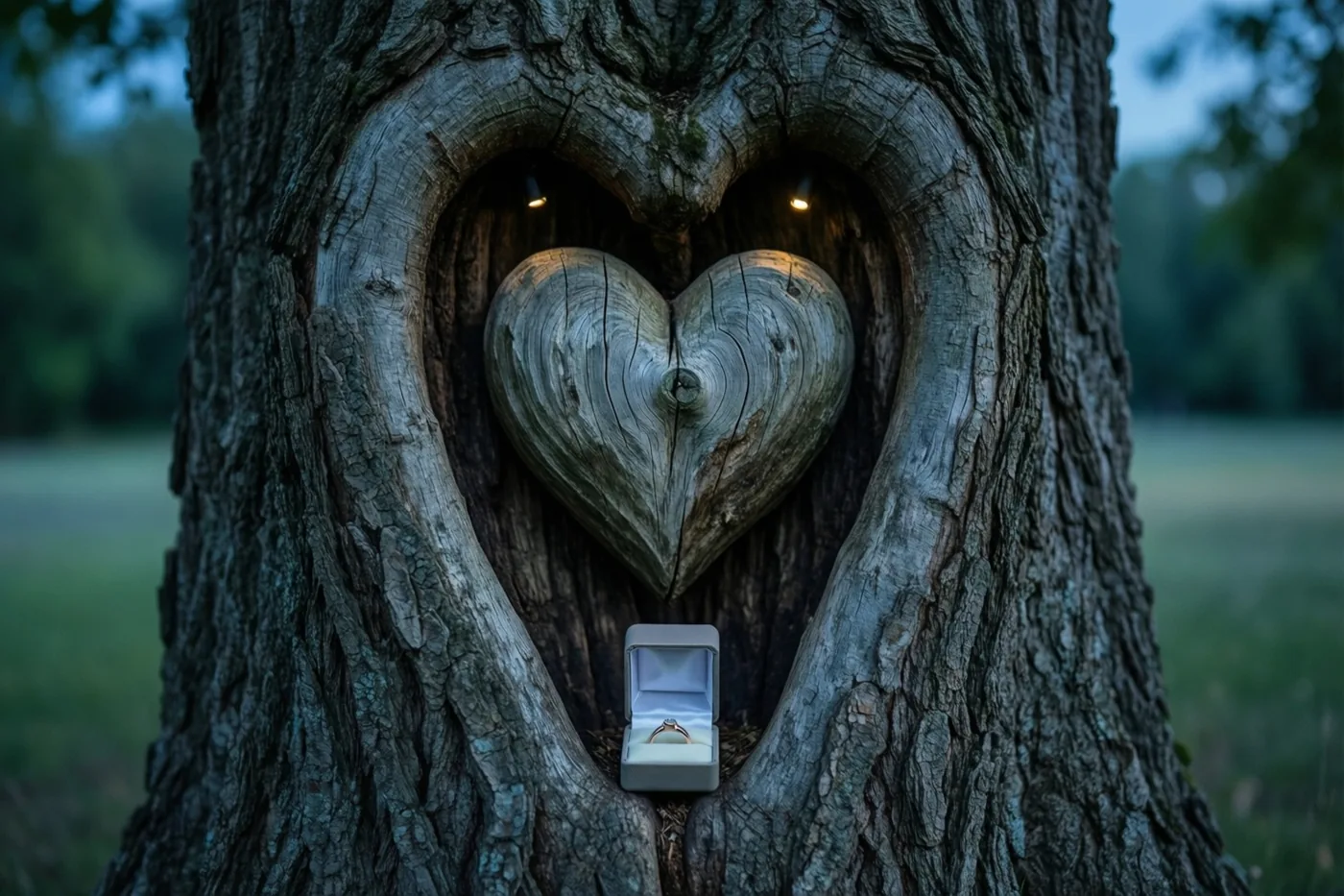 Een open ringdoosje staat in een hartvormige uitholling in de schors van een oude boom, in een schaars verlichte omgeving met blauwe en groene tinten.