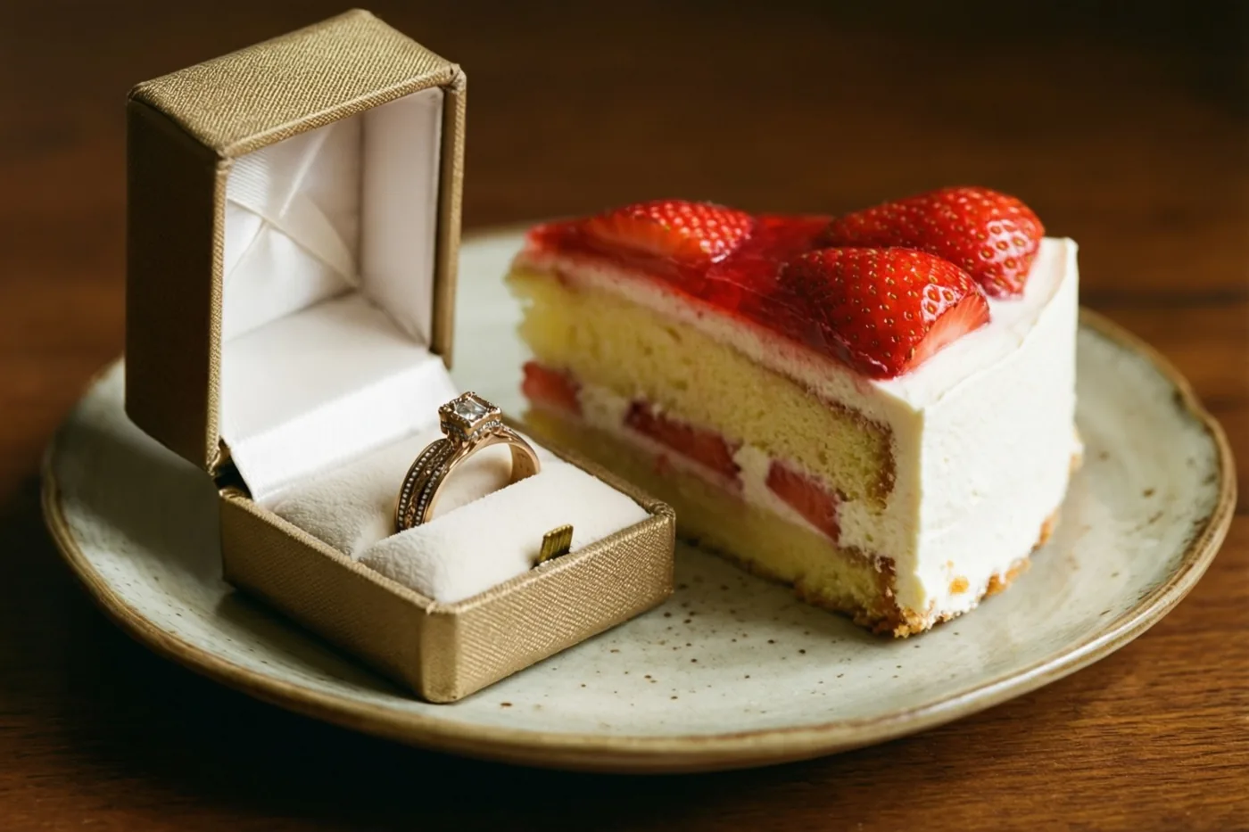 Een open goudkleurig ringdoosje met een diamanten verlovingsring staat naast een stuk aardbeientaart op een gespikkeld bord op een houten ondergrond.