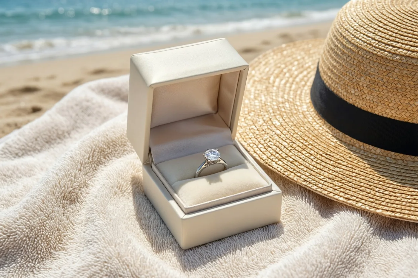 Een open crèmekleurig ringdoosje met een ring met één diamant staat op een beige strandhanddoek met structuur, naast een strohoed met brede rand op het zandstrand bij zee.