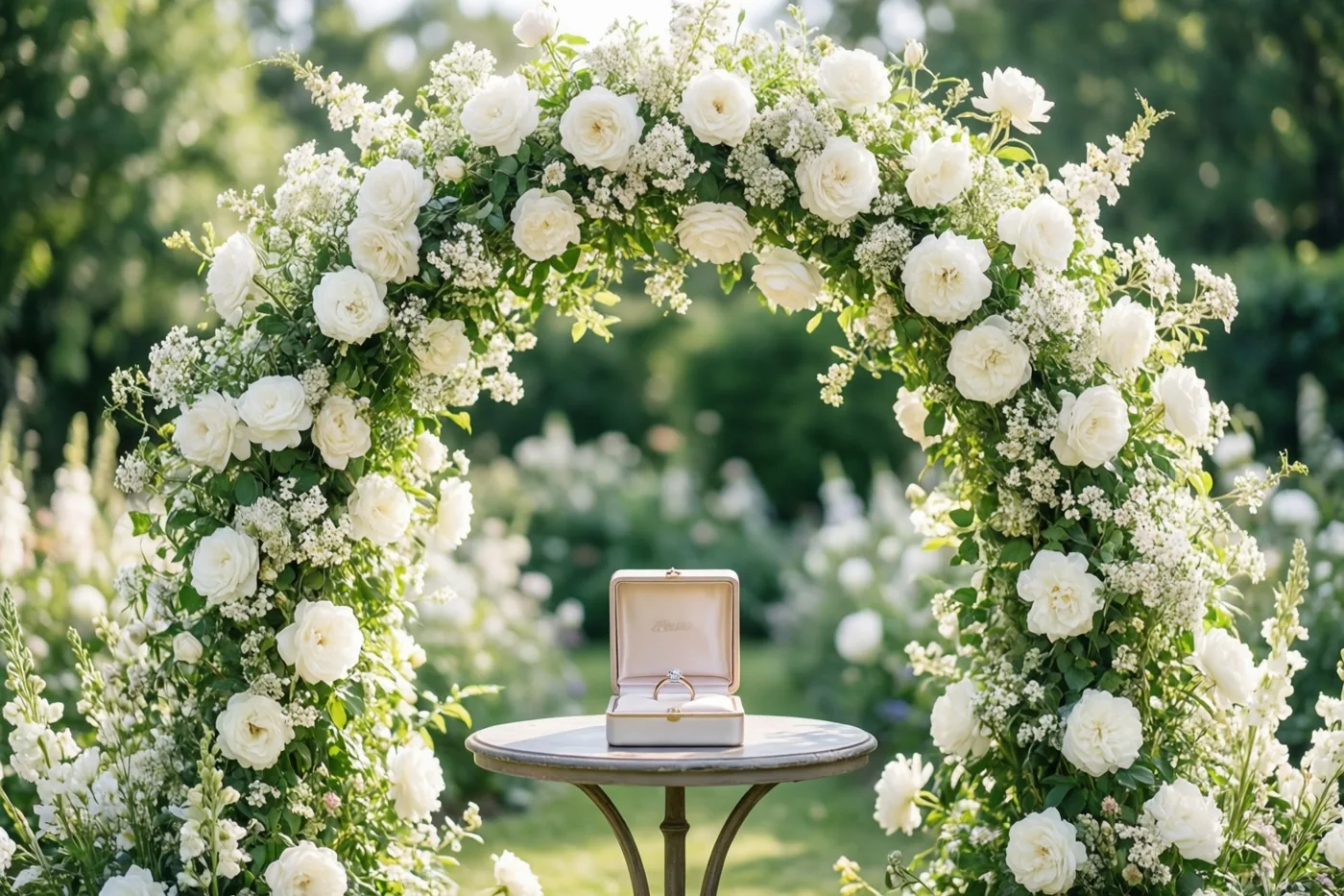 Een open ringdoosje staat op een klein rond tafeltje onder een volle boog van witte rozen en groen blad in een zonnige tuin.
