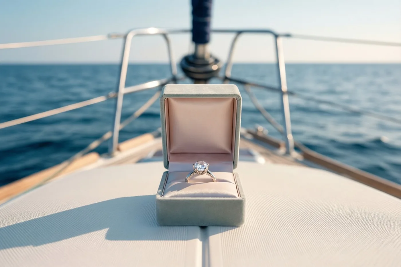 Een open ringdoosje met een ring met één diamant staat op het dek van een zeilboot, met de open zee en de horizon op de achtergrond in zacht zonlicht.