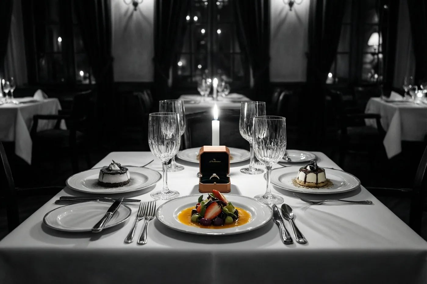 Een zwart-witfoto toont een restauranttafel voor twee met kaarsen, borden, glazen, bestek en desserts, met een open ringdoosje in het midden.