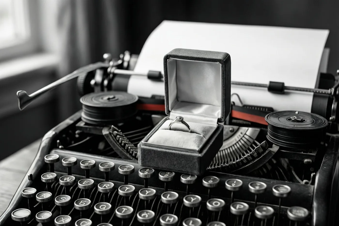 Op een monochrome foto staat een open ringdoosje met een ring op de toetsen van een oude typemachine met een blanco vel papier.