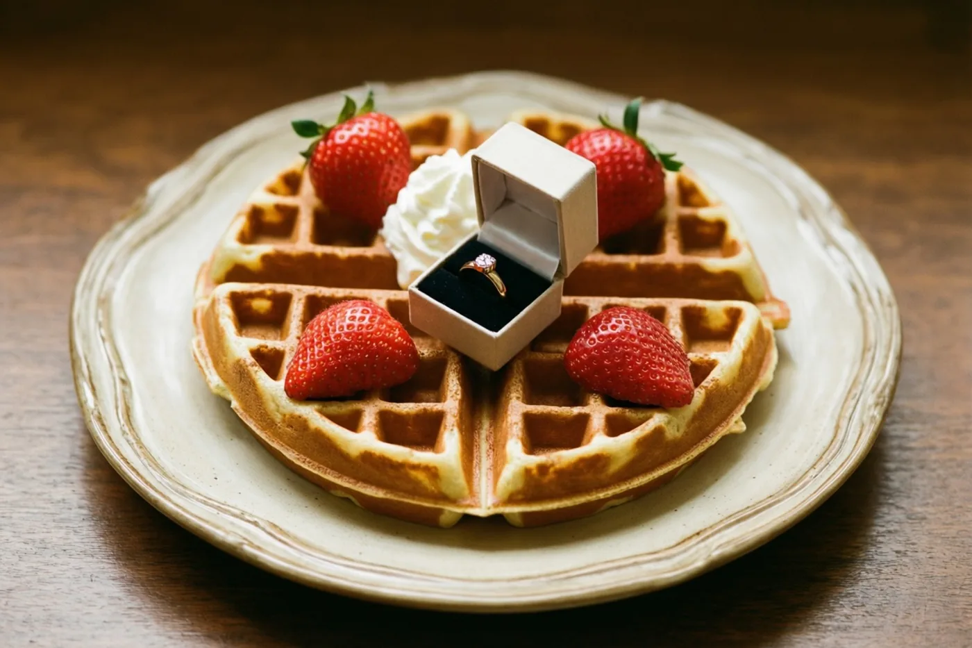 Een gouden ring in een open wit doosje staat op een bord wafels met aardbeien en slagroom, op een donkere houten tafel in zacht warm licht.
