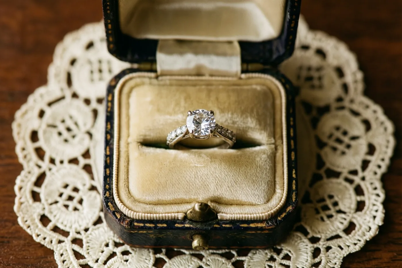 Een open vintage ringdoosje met een ring met één diamant staat op een wit kanten kleedje op een houten ondergrond.