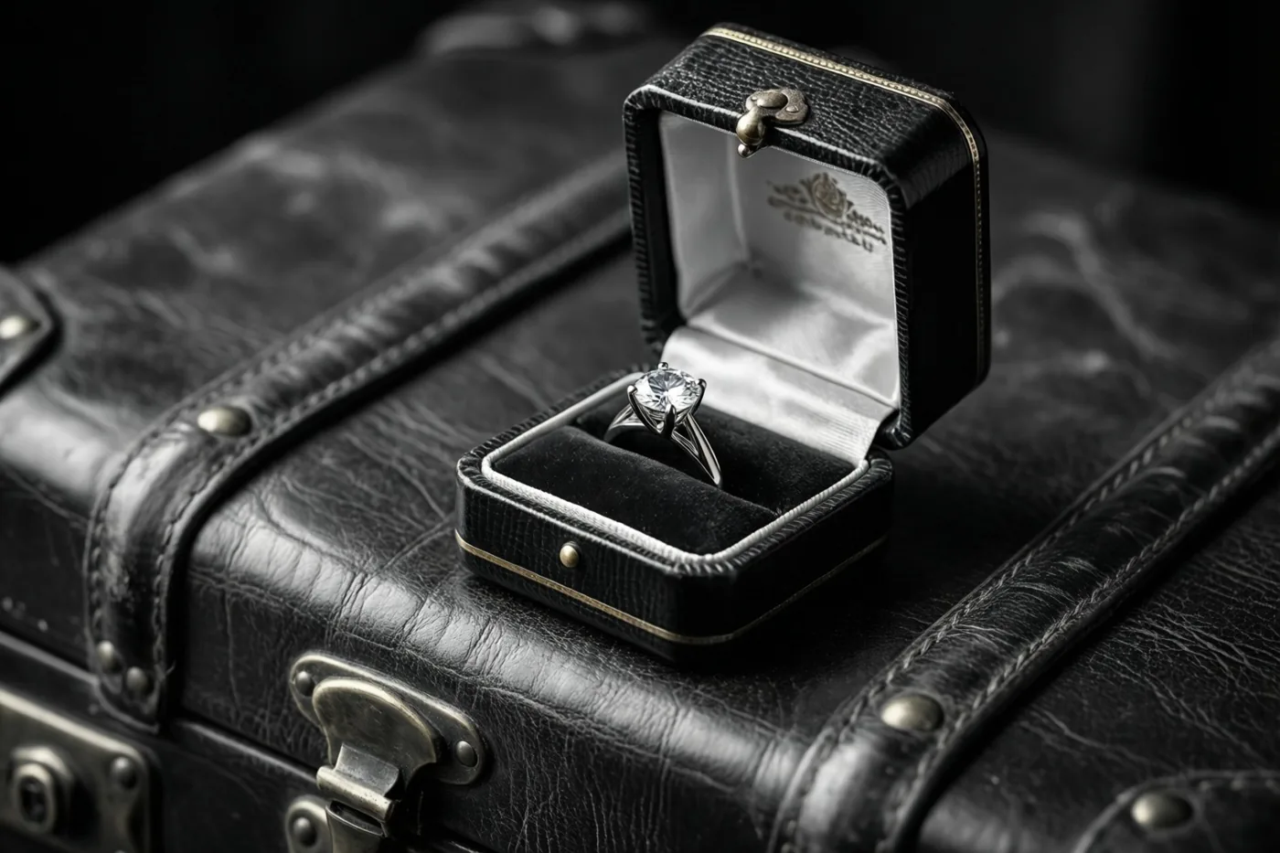 Een open zwart ringdoosje met een ring met één diamant staat op een vintage zwartleren koffer met messing sluitingen, in donkere en metaalachtige tinten.