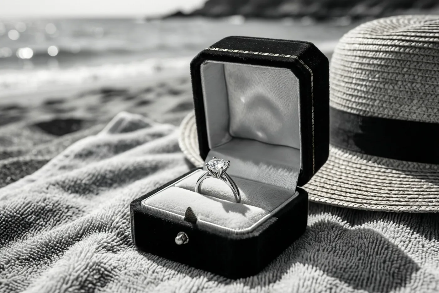 Een zwart-witfoto toont een open zwart fluwelen ringdoosje met een ring met één diamant op een strandhanddoek met structuur, naast een strohoed bij de zee.