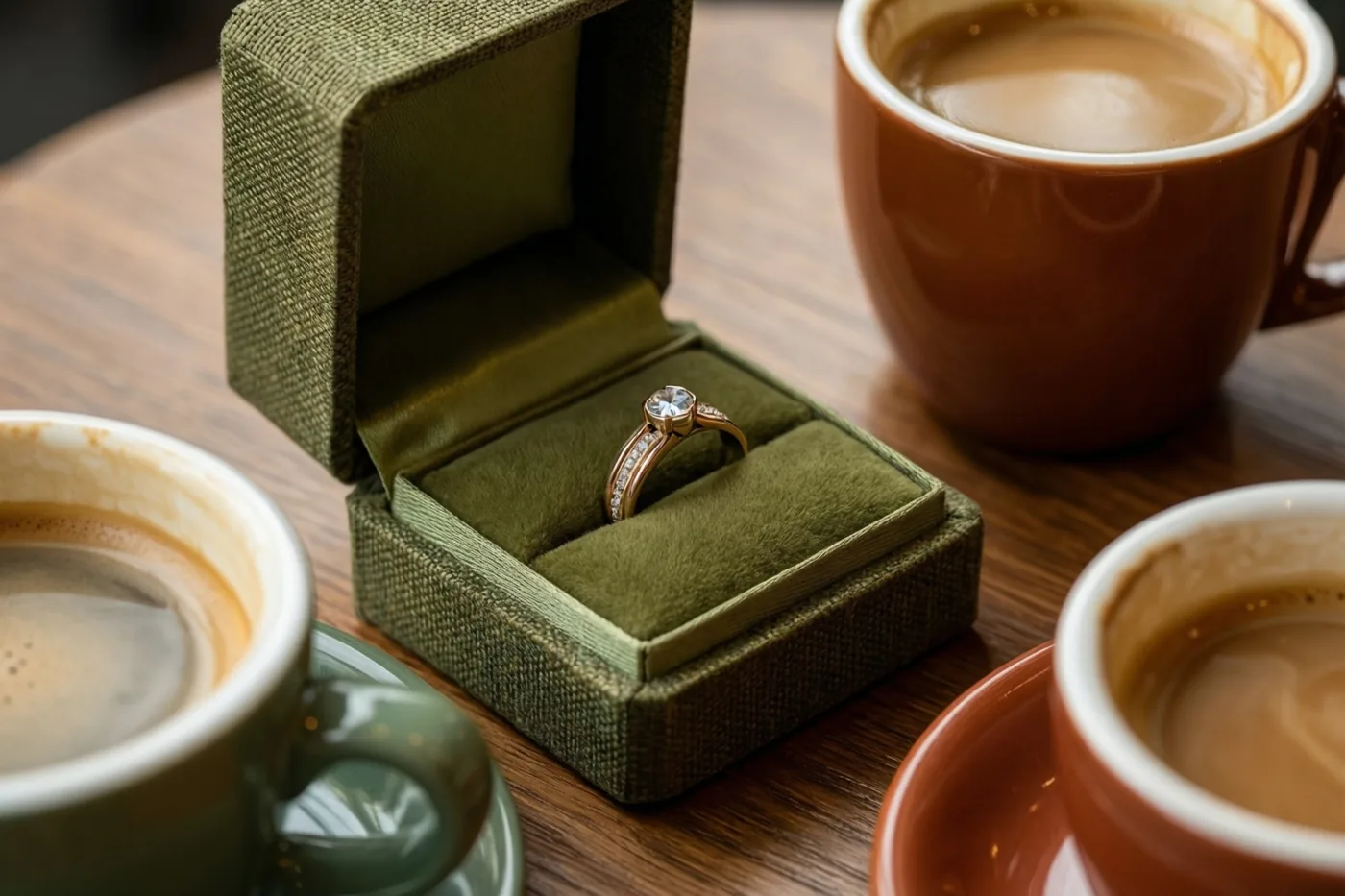 Een open groen fluwelen doosje met een diamanten verlovingsring staat tussen drie koffiekoppen op een houten cafétafel in warme bruine, groene en beige tinten.