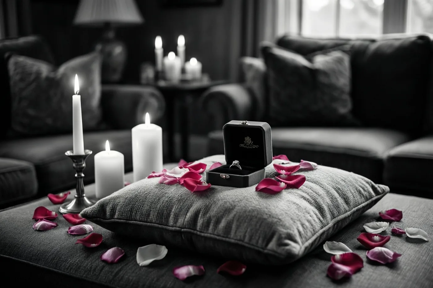 Een open ringdoosje op een kussen staat tussen brandende kaarsen en rode en witte rozenblaadjes in een verder zwart-wit weergegeven woonkamer.