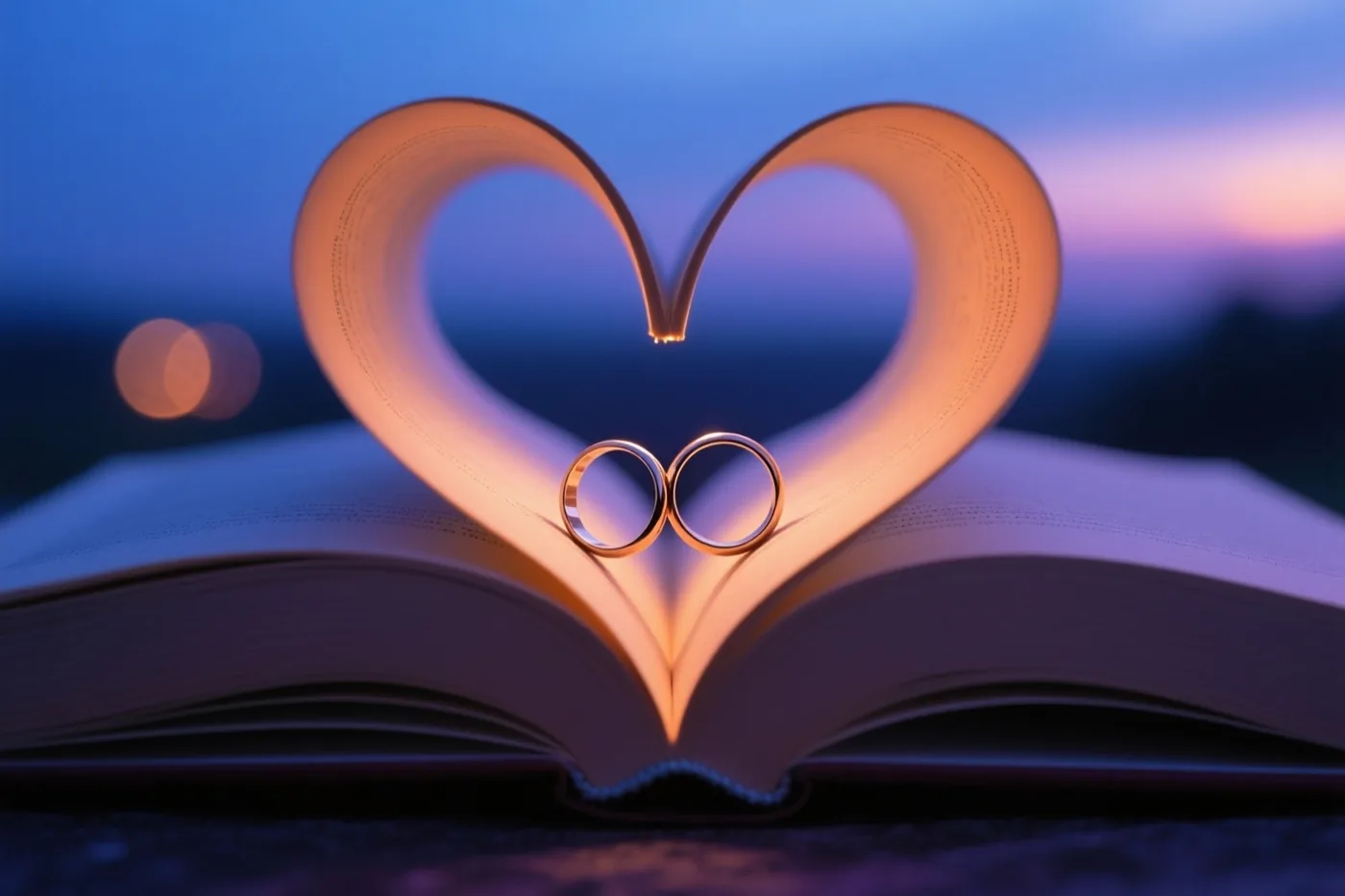 Twee gouden trouwringen liggen in de hartvormig gebogen bladzijden van een open boek tegen een blauw-paarse schemerlucht.