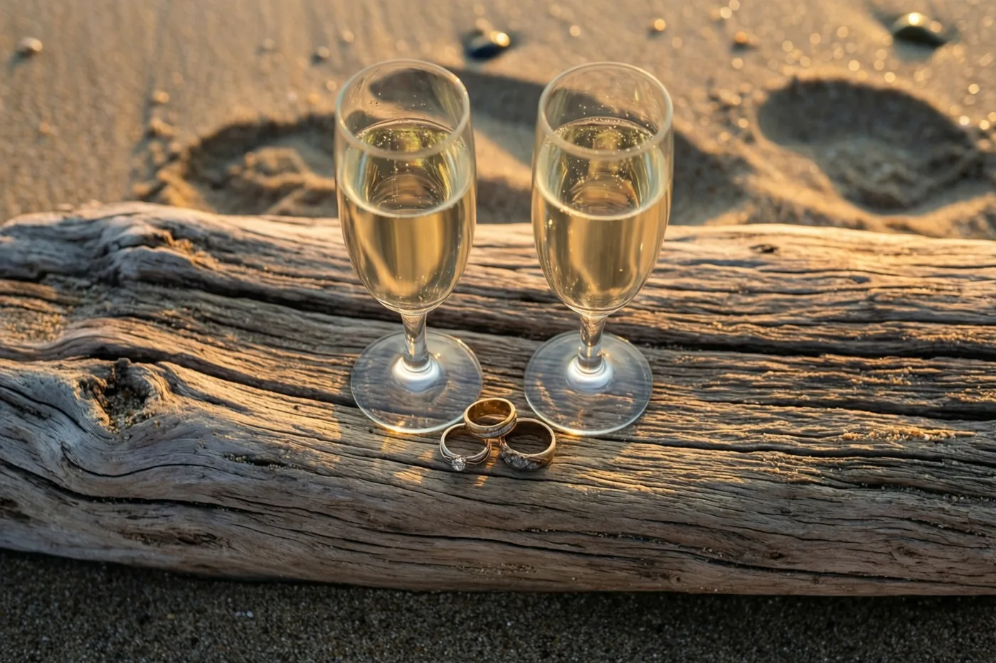 Twee champagneglazen en twee trouwringen bevinden zich op een verweerde plank drijfhout op een zandstrand in warm goudkleurig licht.