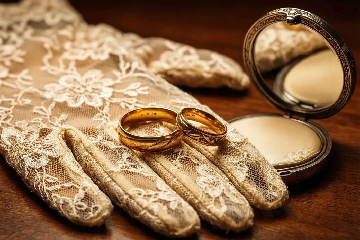 Twee gouden trouwringen liggen op een vintage kanten handschoen naast een sierlijk zakspiegeltje uit de jaren vijftig op een houten oppervlak, in warme sepiatinten.