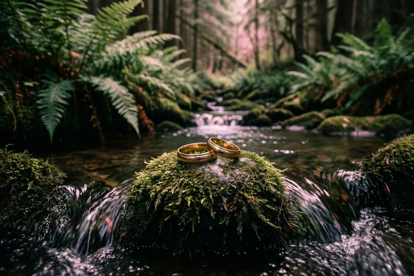 Twee gouden trouwringen rusten op een bemoste steen midden in een heldere bosbeek tussen groene varens, met donkere tinten in het water.