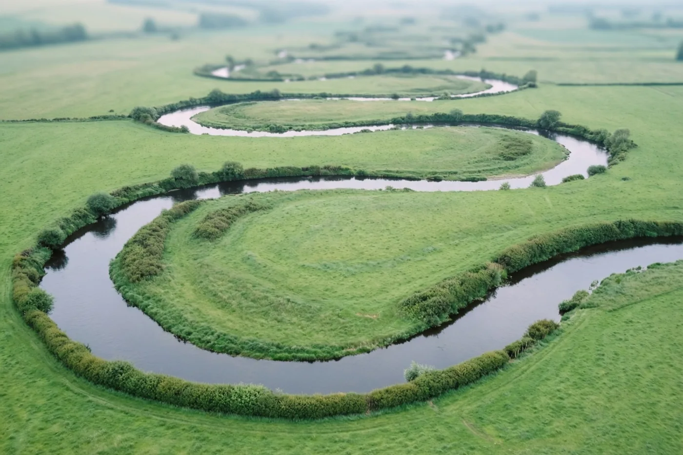 Vanuit de lucht is een donkerblauwe rivier te zien die in brede bochten door groene weiden en hagen slingert.
