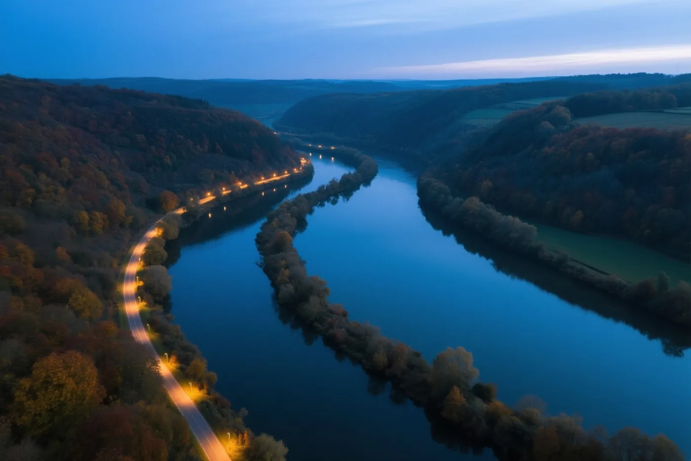 Vanuit de lucht is een kronkelende rivier tussen herfstbossen te zien in blauwe schemertinten, met gele lichten langs een weg ernaast.