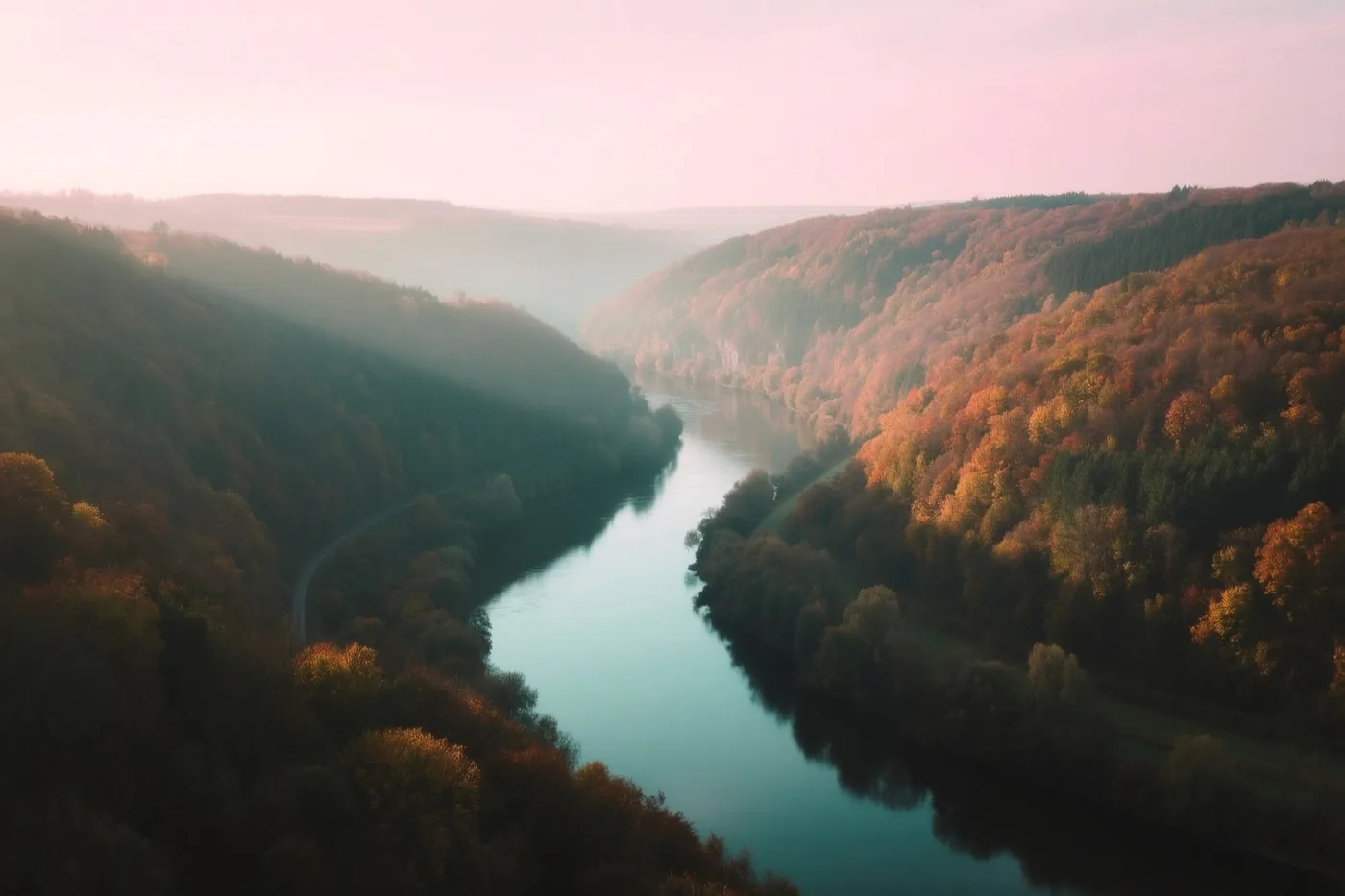 Een rivier kronkelt tussen beboste heuvels met herfstkleuren onder een rozige hemel in zacht nevelig licht.