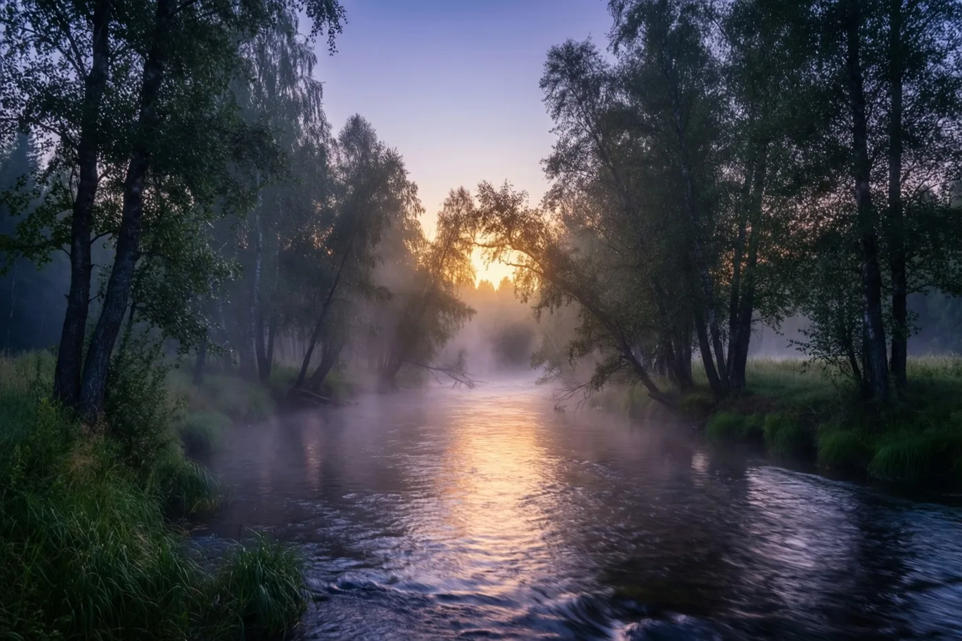 Een nevelige rivier stroomt tussen elzen in een bos, met gouden ochtendlicht op het water en koele blauwe en paarse tinten rondom.