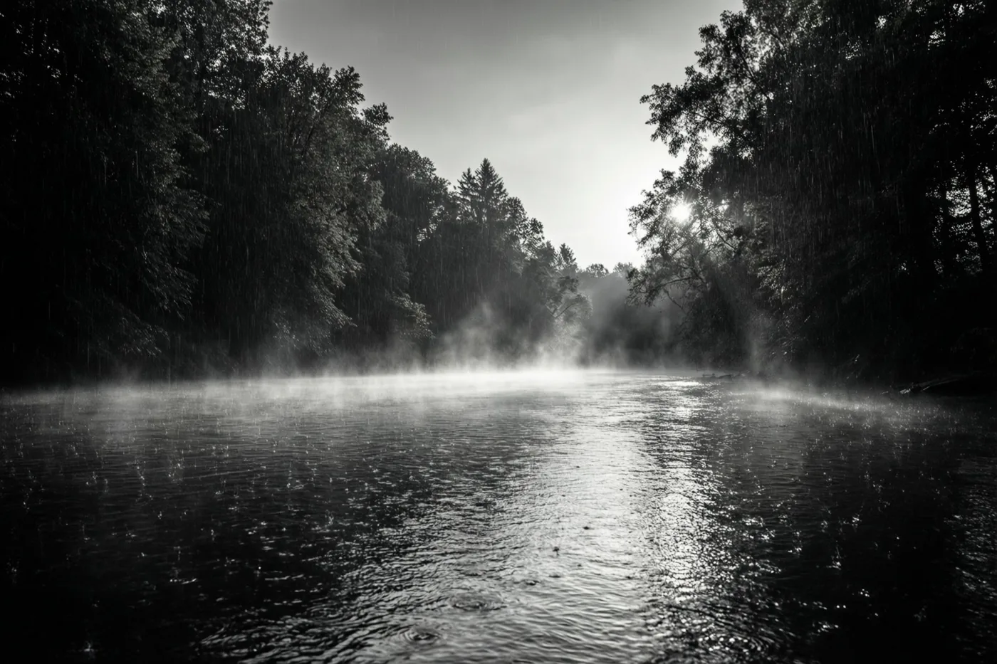 Een zwart-witfoto toont een rivier bij zonsopgang met opstijgende mist en bomen op beide oevers, waar rechts de zon doorheen schijnt.