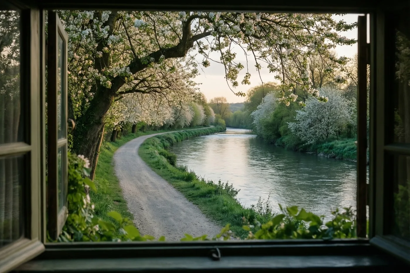 Een open houten raam met groen op de voorgrond biedt zicht op een kronkelend grindpad langs een rustige rivier en witbloeiende bomen in warm licht.