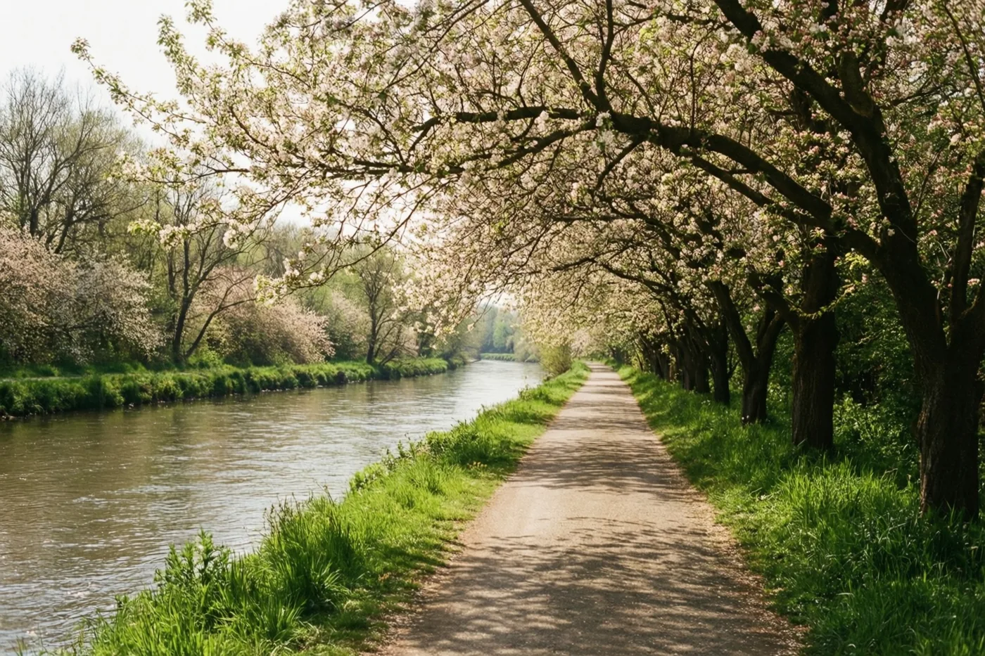 Een pad loopt langs een rustige rivier met rijen bomen vol witte en roze bloesems in zacht natuurlijk licht.
