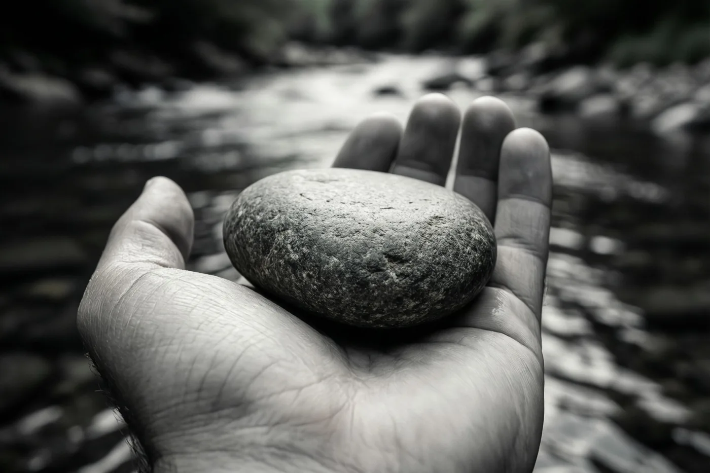Een monochrome close-up toont een gladde riviersteen in een open handpalm, met een wazige rivier op de achtergrond.