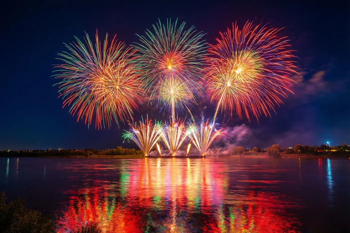 Kleurrijk vuurwerk barst los boven een brede rivier en weerspiegelt in het water, met stadslichtjes langs de oever in de verte.